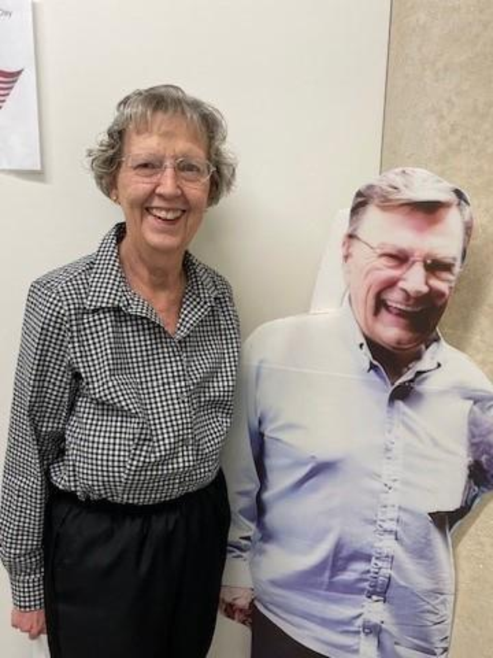 Linda Korb and a life-size cutout of her husband, Freddie